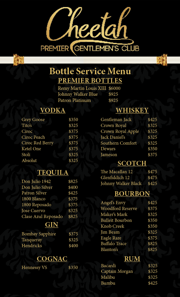 Cheetah Southern Pines bottle service menu
